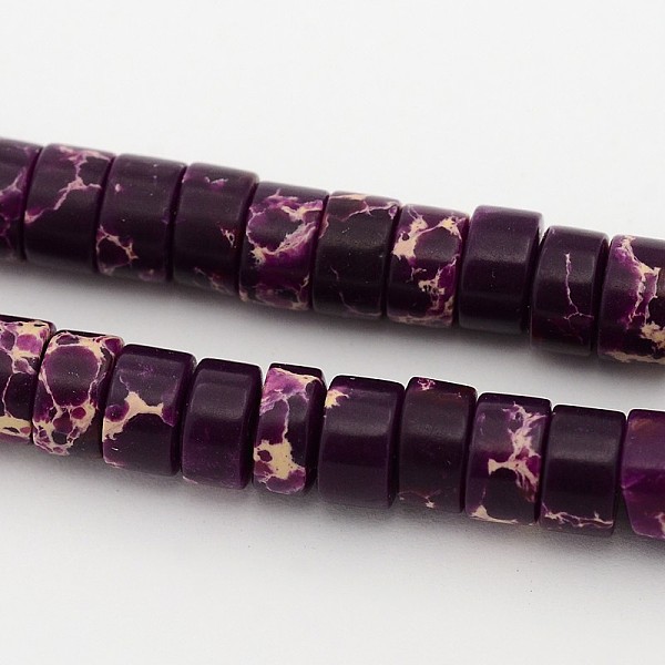 

PandaHall Synthetic Imperial Jasper Beads Strands, Dyed, Heishi Beads, Flat Round/Disc, Purple, 6~6.5x4mm, Hole: 0.5mm, about 100pcs/strand...