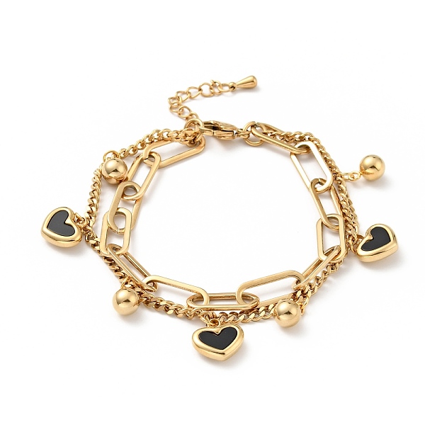 

PandaHall Acrylic Heart and Round Ball Charm Multi-strand Bracelet, Vacuum Plating 304 Stainless Steel Double Layered Chains Bracelet for...