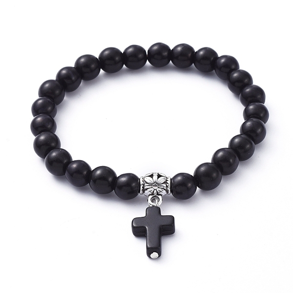 

PandaHall Stretch Charm Bracelets, with Synthetic Turquoise(Dyed) Beads, Tibetan Style Alloy Tube Bails, Cross, Black, Inner Diameter: 2-1/8...