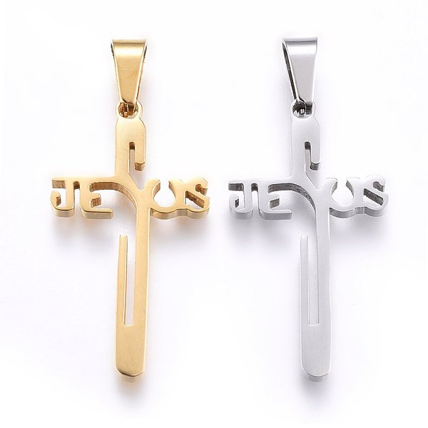 

PandaHall 304 Stainless Steel Pendants, Cut-Out, Cross with Word Jesus, Mixed Color, 32x17x2.2mm, Hole: 8x4mm 304 Stainless Steel Cross