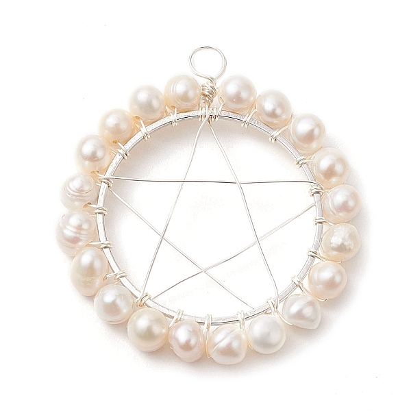 

PandaHall Natural Cultured Freshwater Pearl Round Beaded Ring Pendants, Copper Wire Wrapped Pentagram Charms, Platinum, 43.5x40x6.5mm, Hole...