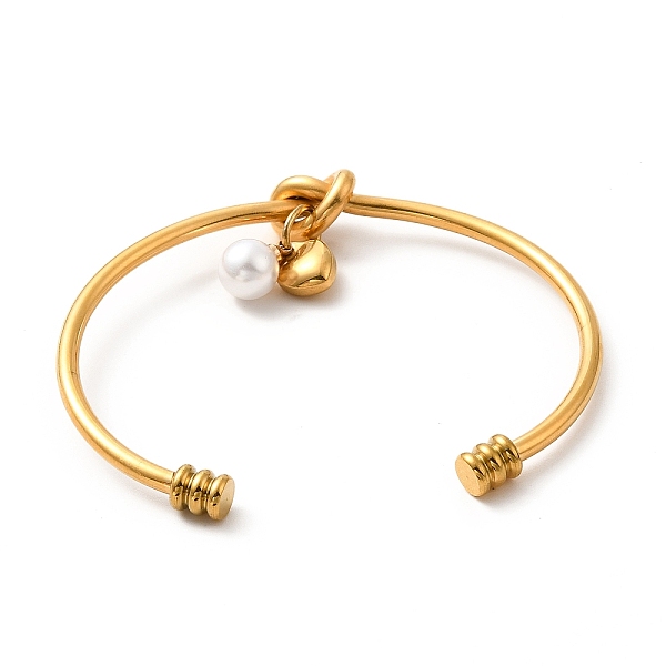 

PandaHall Ion Plating(IP) 304 Stainless Steel Love Knot Open Cuff Bangle, Heart & Acrylic Pearl Charms Torque Bangle for Women, Golden...