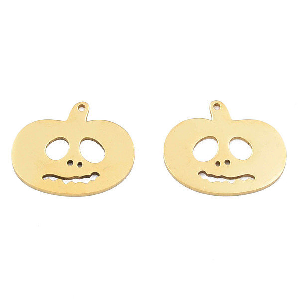 

PandaHall Ion Plating(IP) 201 Stainless Steel Pendants, Halloween Style, Pumpkin Jack-O'-Lantern, Real 18K Gold Plated, 21x25x1mm, Hole...