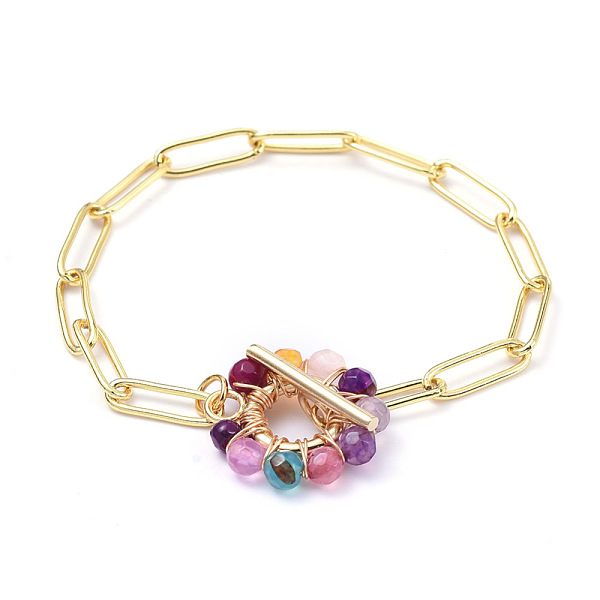 

PandaHall Brass Paperclip Chain Bracelets, with Natural Agate Beads and 304 Stainless Steel Toggle Clasps, Real 18K Gold Plated, 7-1/4 inch...