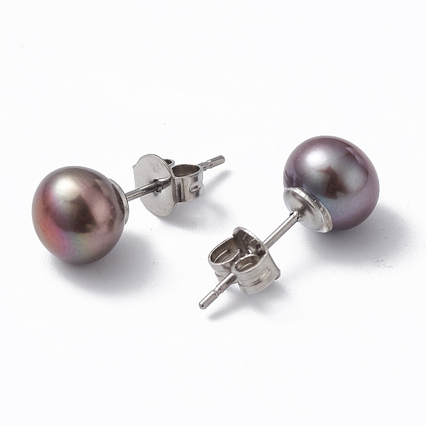 

PandaHall Natural Pearl Ear Studs, 304 Stainless Steel Pin Ear Stud for Women, Round, Dark Slate Blue, 17~18x8mm, Pin: 0.7mm Pearl Round