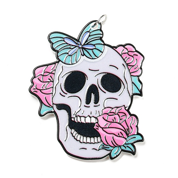 

PandaHall Embossed Printed Acrylic Big Pendants, with Iron Jump Ring, Skull, 50x42x2.5mm, Hole: 5mm Iron+Acrylic Skull Gray