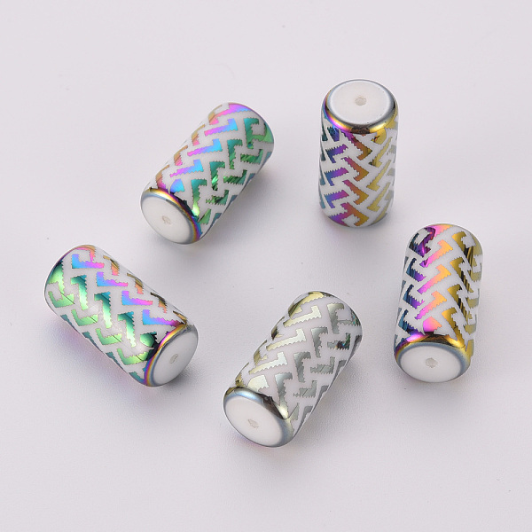 

PandaHall Electroplate Glass Beads, Column with Geometric Pattern, Colorful, 20x10mm, Hole: 1.2mm, 50pcs/bag Glass Others