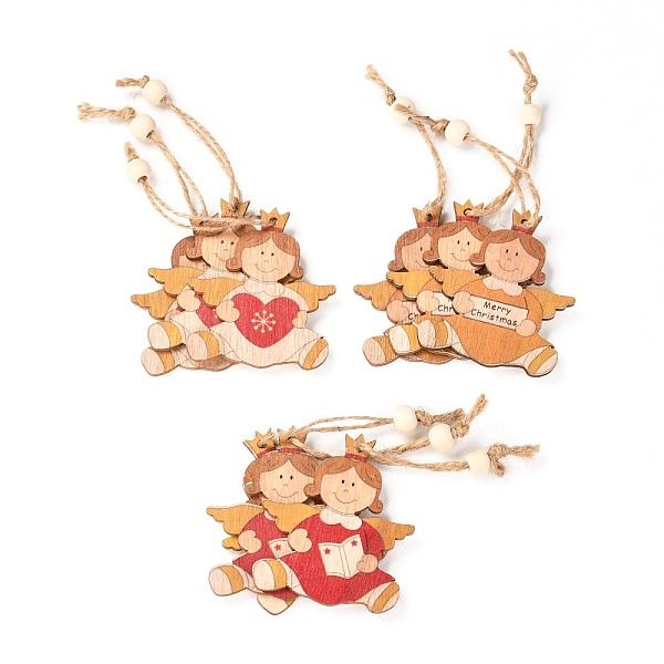 

PandaHall Christmas Theme Wood Big Pendant Decorations, with Hemp Rope and Wood Beads, Angel, Mixed Color, 135mm, 9pcs/box, Box: about..., Multicolor