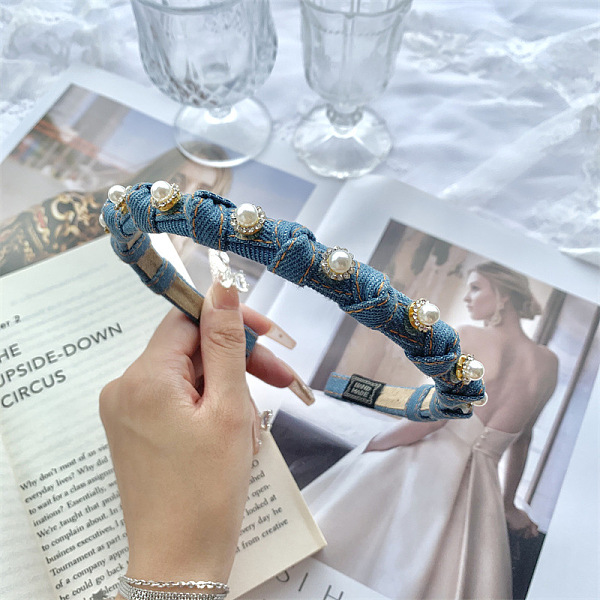 

PandaHall Cloth Hair Bands, with Plastic Pearl & Iron Findings, Hair Accessories for Women Girls, Cornflower Blue, 120mm Cloth