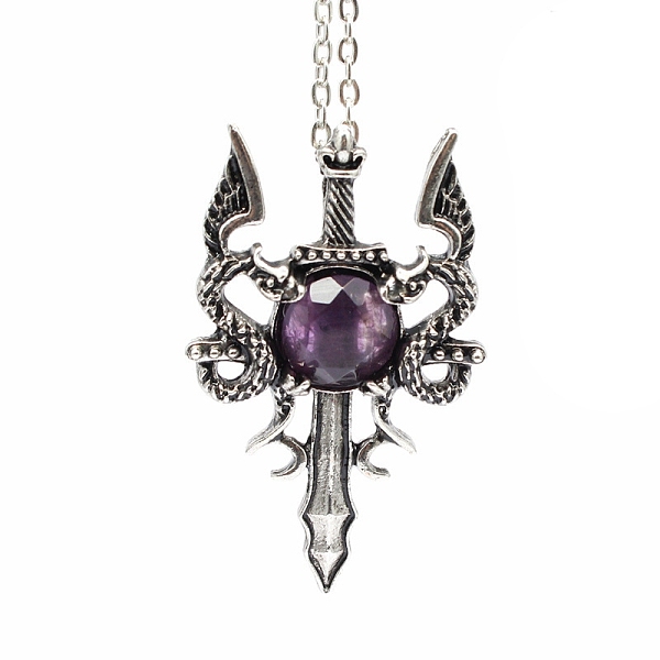 

PandaHall Natural Amethyst Dragon Sword Pendant Necklace, Gothic Alloy Jewelry for Men Women, Antique Silver & Platinum, 19.69 inch(50cm)...