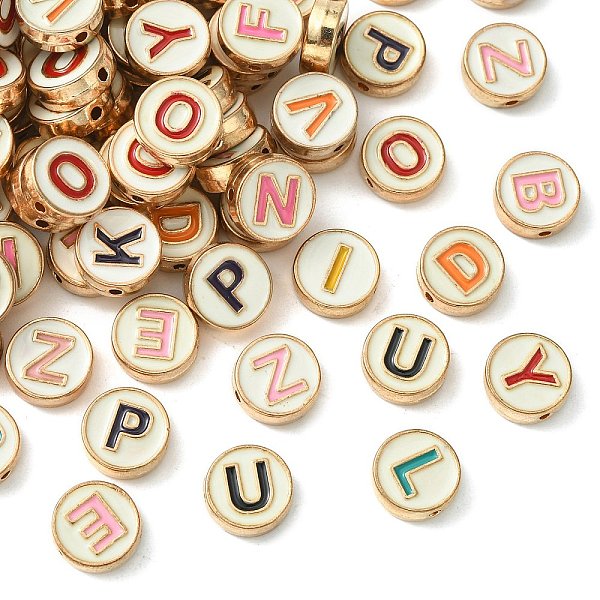

PandaHall Alloy Enamel Letter Beads, Flat Round with Letter A-Z, Light Gold, White, 10x3.5mm, Hole: 1.4mm, 50pcs/box Alloy+Enamel Letter A~Z...