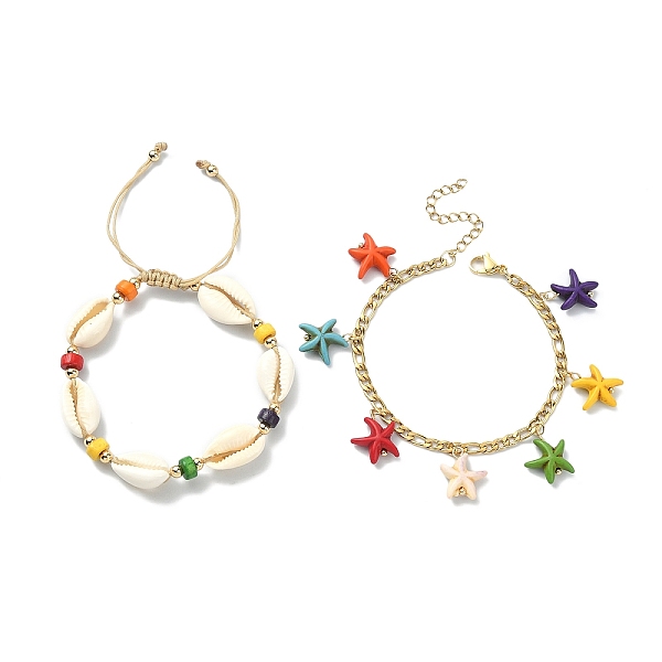 

PandaHall 2Pcs 2 Style Synthetic Turquoise Starfish Charm Bracelets Set, Natural Shell & Maple Wood Braided Bead Bracelets, with Real 18K..., Multicolor