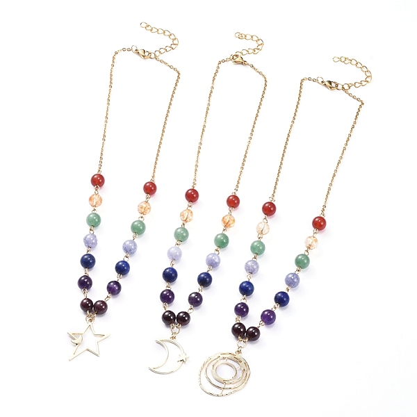 

PandaHall Chakra Jewelry, 304 Stainless Steel Chain Necklaces, with Alloy Pendants, Gemstone Beads and Iron Chain Extender, Star/Moon/Ring...