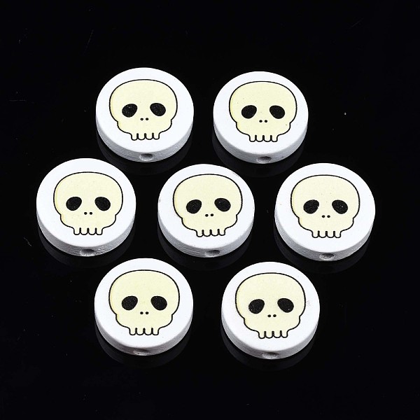 

PandaHall Halloween Printed Natural Wood Beads, Flat Round with Skull Pattern, Light Yellow, 19~20x5.9mm, Hole: 2~2.2mm Schima Wood Flat...