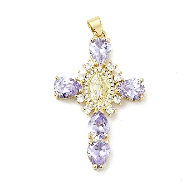 

PandaHall Rack Plating Brass Micro Pave Cubic Zirconia Pendants, Cadmium Free & Lead Free, Real 18K Gold Plated, Cross with Saint, Lilac..., Purple