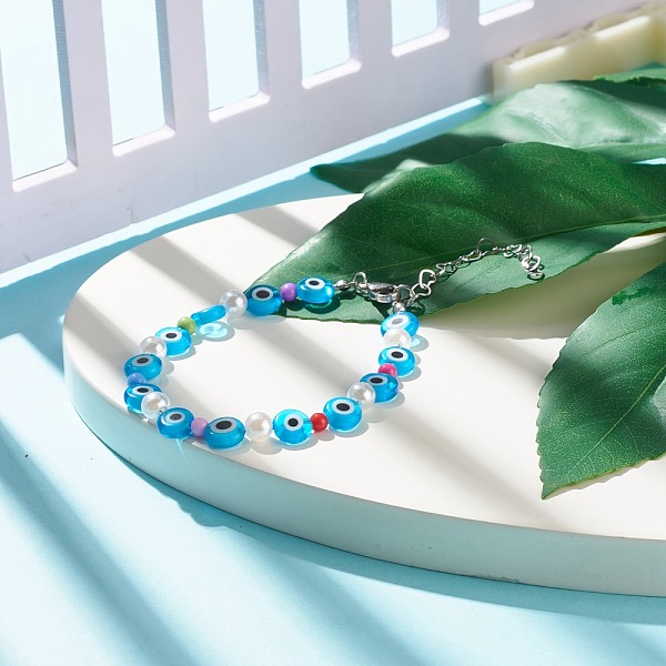 

PandaHall Evil Eye Handmade Lampwork Beaded Bracelets for Women, Acrylic & ABS Plastic Beads Bracelets, Deep Sky Blue, 7-1/4 inch(18.5cm)...