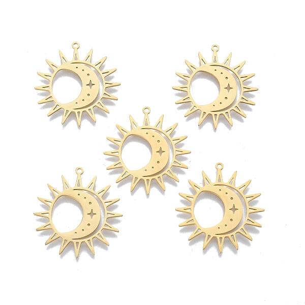 

PandaHall 201 Stainless Steel Pendants, Sun with Moon, Real 18K Gold Plated, 30.5x29x1mm, Hole: 1.4mm 201 Stainless Steel Sun