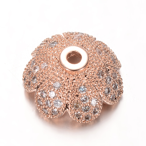 

PandaHall Eco-Friendly Multi-Petal Flower Brass Micro Pave Cubic Zirconia Bead Caps, Lead Free & Nickel Free, Rose Gold, 11x4.8mm, Hole: 1mm..., Clear