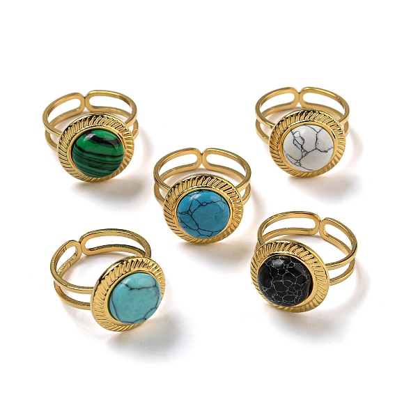 

PandaHall 304 Stainless Steel Open Cuff Rings, Synthetic Malachite & Turquoise Round Finger Rings for Women Men, Real 18K Gold Plated...