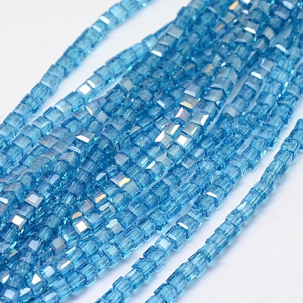 

PandaHall Electroplate Glass Bead Strands, AB Color Plated, Faceted, Cube, Sky Blue, 4x4x4mm, Hole: 1mm, about 98pcs/strand, 15.7 inch Glass...