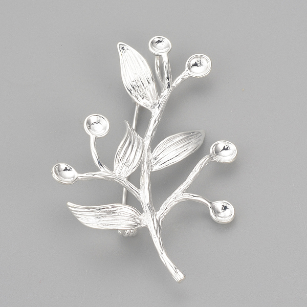 

PandaHall Brass Brooch Rhinestone Settings, Branch, Silver Color Plated, 52x36mm, Hole: 4x6mm, Pin 1mm, Fit for 3mm Rhinestone Brass Silver