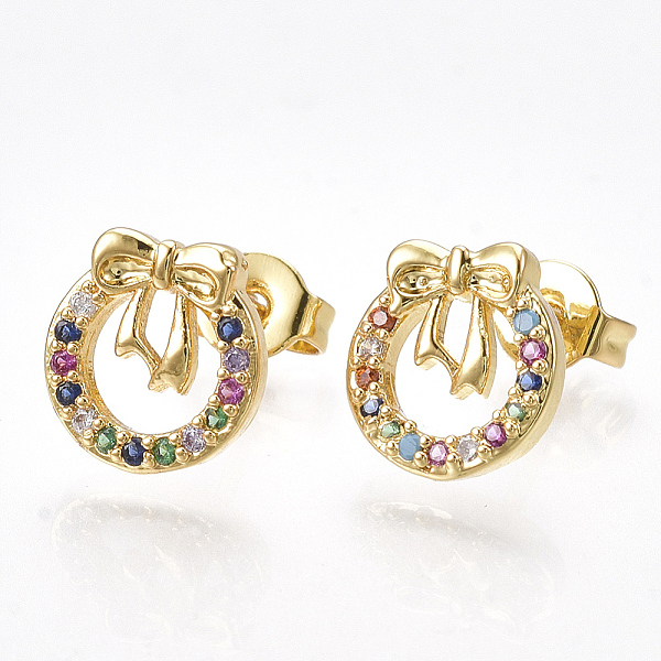 

PandaHall Brass Micro Pave Cubic Zirconia(Random Mixed Color) Ear Studs, with Ear Nuts, Bowknot, Golden, 9.5x9mm, Pin: 0.7mm Cubic Zirconia