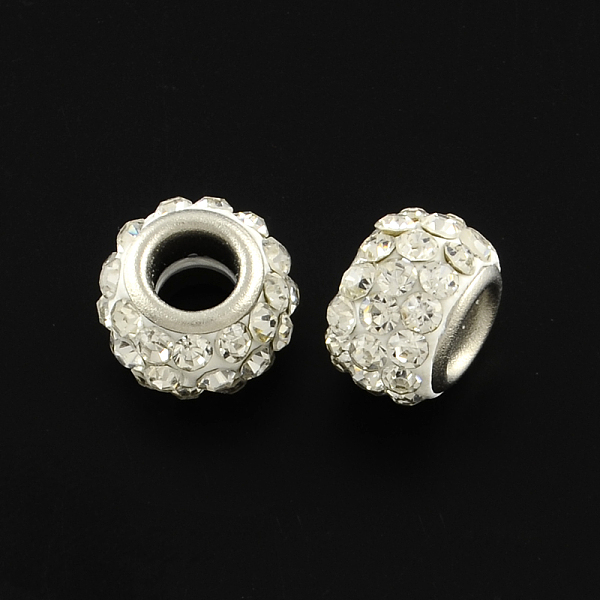

PandaHall Polymer Clay Rhinestone Rondelle European Beads, with Silver Color Plated Brass Double Cores, Crystal, 11~12x7~8mm, Hole: 4.5mm..., Clear