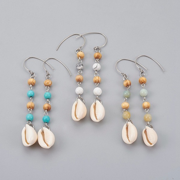 

PandaHall Round Natural & Synthetic Mixed Stone Dangle Earrings, with Cowrie Shell, Wood Beads and 304 Stainless Steel Earring Hooks..., Multicolor