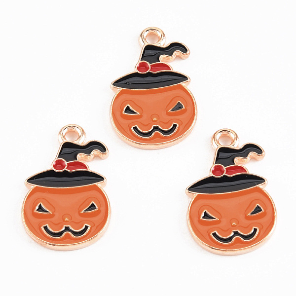 

PandaHall Light Gold Tone Alloy Enamel Pendants, Cadmium Free & Lead Free, Halloween, Pumpkin Jack-O'-Lantern, Coral, 20x12.5x1.2mm, Hole..., Red