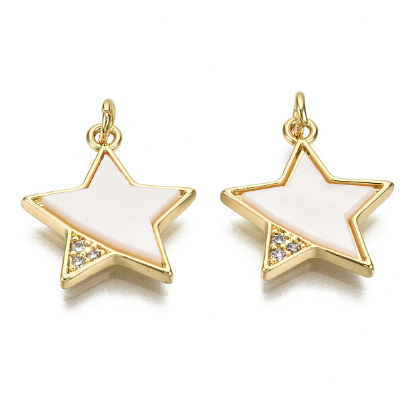 

PandaHall Brass Micro Pave Clear Cubic Zirconia Pendants, with Natural Shell and Jump Rings, Nickel Free, Star, Creamy White, Real 16K Gold...