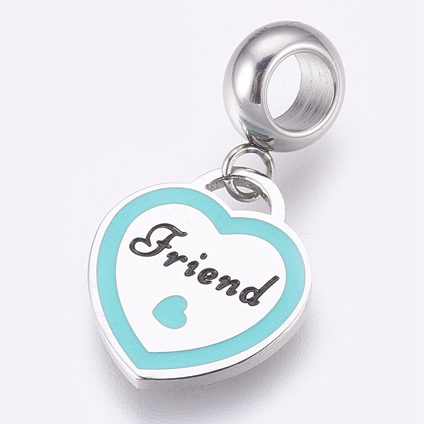 

PandaHall 304 Stainless Steel European Dangle Charms, Large Hole Pendants, with Enamel, Heart with Friend, Cyan, Stainless Steel Color, 25mm...