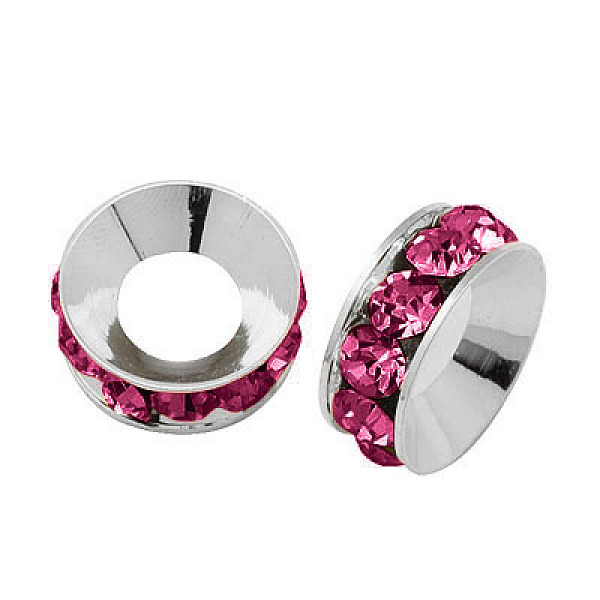 

PandaHall Brass Rhinestone Spacer Beads, Grade A, Rondelle, Silver Color Plated, Fuchsia, 9x4mm Brass+Rhinestone Rondelle Purple