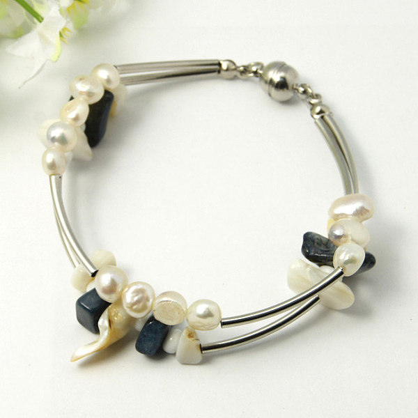 

PandaHall Fashion Shell Bracelets, Stainless Wire with Grade A Pearl Beads, Brass Tube Beads, Glass Seed Beads, Brass Magnetic Clasps and..., Orange