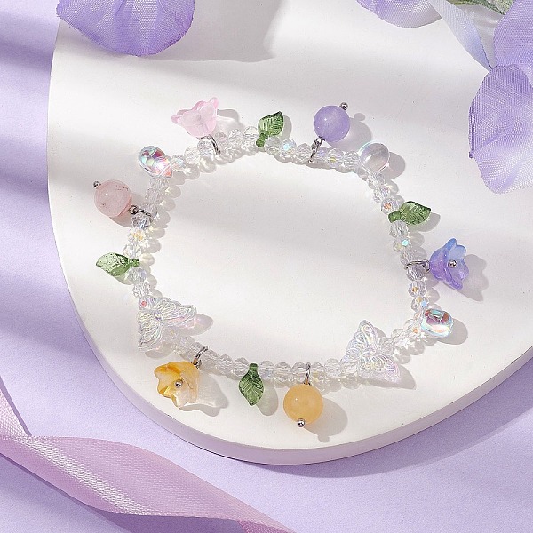 Dyed Natural Mixed Stone & Glass Beaded Stretch Bracelet With Flower Charms