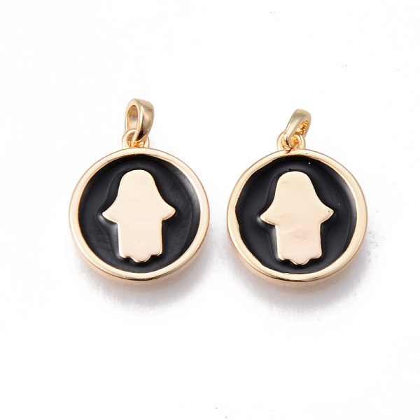 

PandaHall Brass Enamel Charms, Nickel Free, Flat Round with Hamsa Hand/Hand of Fatima/Hand of Miriam, for Religion, Real 18K Gold Plated..., Black