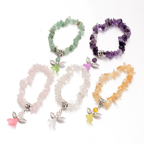 

PandaHall Natural Mixed Stone Kids Bracelets, with Acrylic Bead and Antique Silver Alloy Findings, Lovely Wedding Dress Angel Dangle, 39mm..., Multicolor