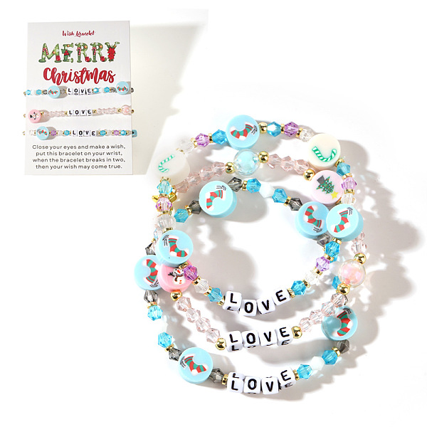 3Pcs Christmas Theme Handmade Polymer Clay & Glass Bicone Beads Stretch Bracelet Sets, with Word Love, Sky Blue, 6-7/8 inch(17.5cm)