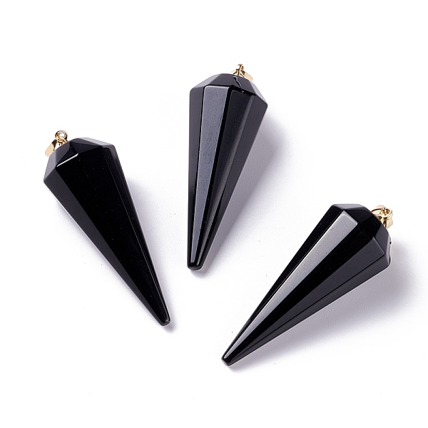 PandaHall Natural Obsidian Pendants, with Brass Findings, Faceted, Cone/Spike/Pendulum, Real 18K Gold Plated, 42~44x15~16mm, Hole: 3.6x4mm...