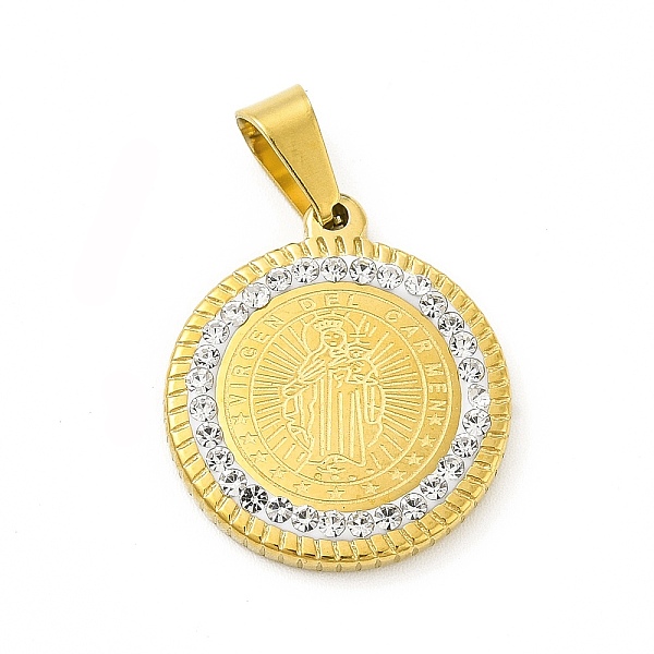 

PandaHall Vacuum Plating 304 Stainless Steel Pendants, with Crystal Polymer Clay Rhinestone, Flat Round with Virgen Del Carmen, Golden..., Clear