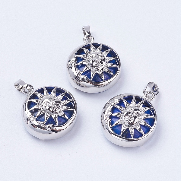 

PandaHall Natural Lapis Lazuli Pendants, with Brass Findings, Flat Round with Sun, Platinum, 28x24x9~10mm, Hole: 5x7mm Lapis Lazuli Flat...