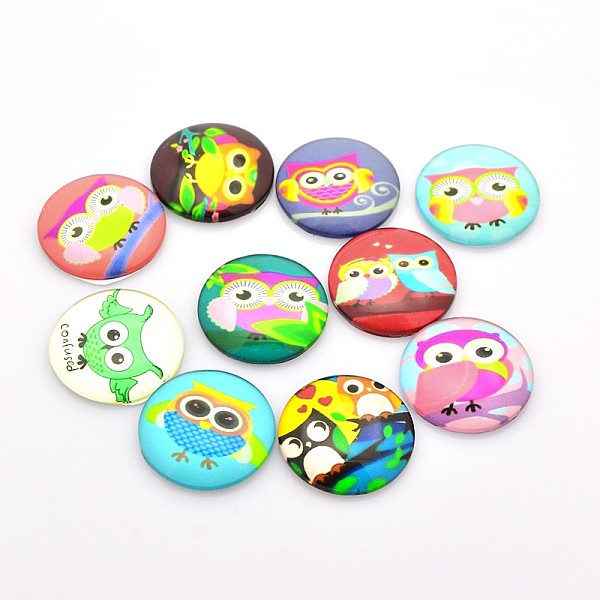 

PandaHall Mixed Cartoon Kawaii Owl Patterns Flat Round Glass Flatback Cabochons, Mixed Color, 25x6mm Glass Flat Round Multicolor