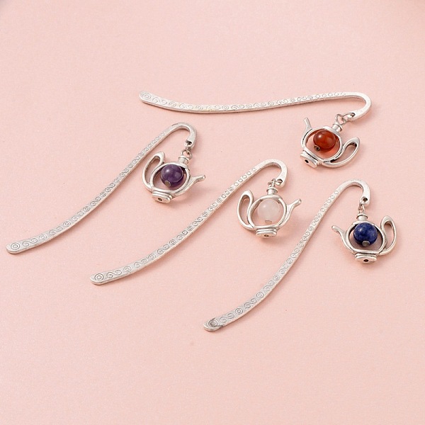 

PandaHall Antique Silver Plated Alloy Bookmarks, with Alloy Teapot Pendants and Mixed Gemstone Round Beads, 84x4mm Mixed Stone