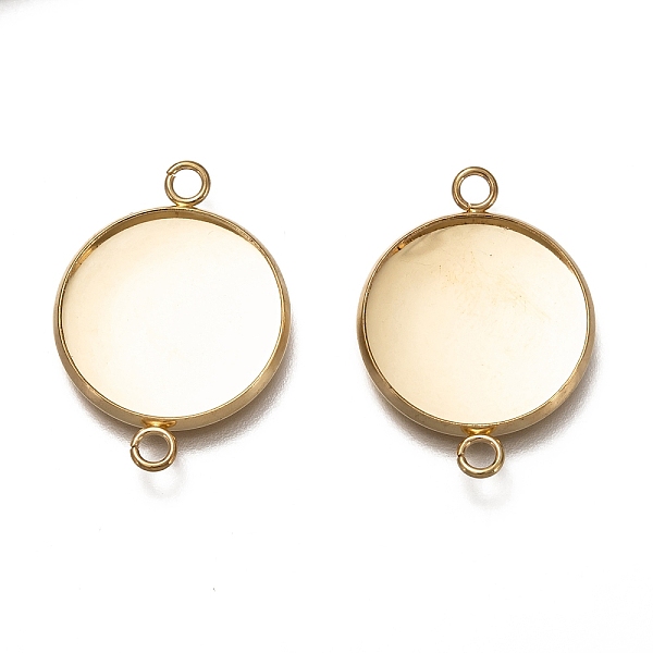 304 Stainless Steel Cabochon Connector Settings, Plain Edge Bezel Cups, Flat Round, Real 18K Gold Plated, Tray: 18mm, 27.5x20x2mm, Hole: 2.3-3mm