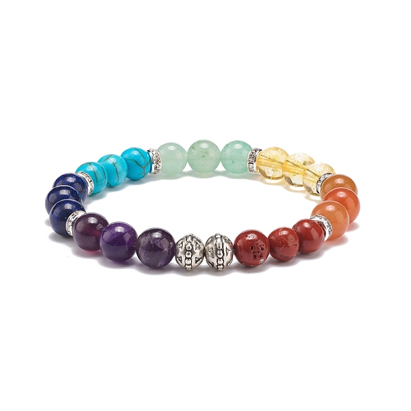

PandaHall Natural & Synthetic Mixed Stone & Alloy Round Beaded Stretch Bracelet, 7 Chakra Gemstone Jewelry for Women, Inner Diameter: 2 inch..., Clear
