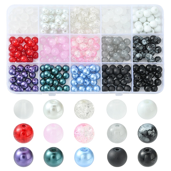 

PandaHall 300Pcs 15 Styles Glass Beads, Round, Mixed Color, 8~9mm, Hole: 1~1.6mm, 20pcs/style Glass Round Multicolor