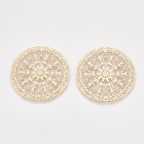 

PandaHall Brass Filigree Joiners Links, Etched Metal Embellishments, Flat Round, Light Gold, 30x0.3mm, Hole: 1.2mm Brass Flat Round