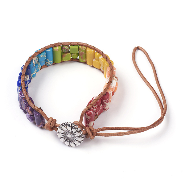 

PandaHall Chakra Jewelry, Natural Dyed Regalite/Imperial Jasper/Sea Sediment Jasper Cowhide Cord Beaded Bracelets, with Alloy Findings...
