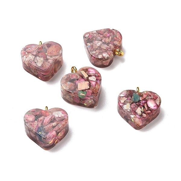 

PandaHall Transparent Resin Natural Imperial Jasper Dyed Chips Pendants, with Golden Tone Brass Loops, Heart Charm, Indian Red...
