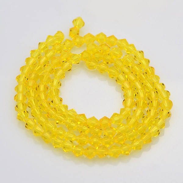 

PandaHall Faceted Bicone Glass Beads Strands, Yellow, 4x4mm, Hole: 1mm, about 92~96pcs/strand, 13.78~14.37 inch Glass Bicone Yellow