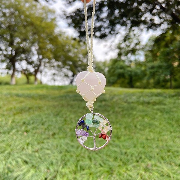 

PandaHall Heart Rose Quartz Cord Braided Pendant Decorations, with 7 Chakra Stone Chip Rings, Car Hanging Ornaments, 130x30mm Mixed Stone...